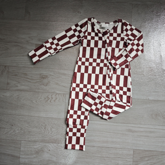 ( No moq ) Preorder Baby Boys Kids Long Sleeves Brown White Plaid Zipper Footie Sleeper Romper Clothes