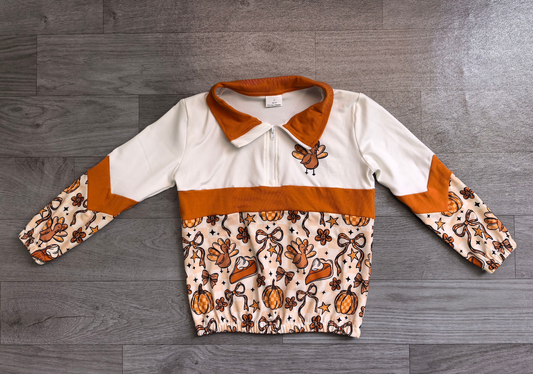 ( No moq ) Preorder Baby Girls Kids turkey Pumpkins Bows Zipper Pullover Shirt Fall Clothes