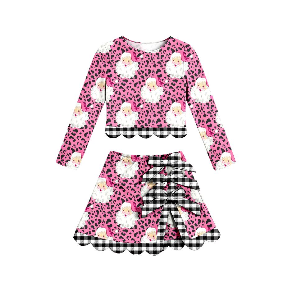( Moq 5 ) Preorder Baby Girls Kids Christmas Santa Leopard Shirt Bows Scallop Skirt Shorts Yoga Active Set Clothes