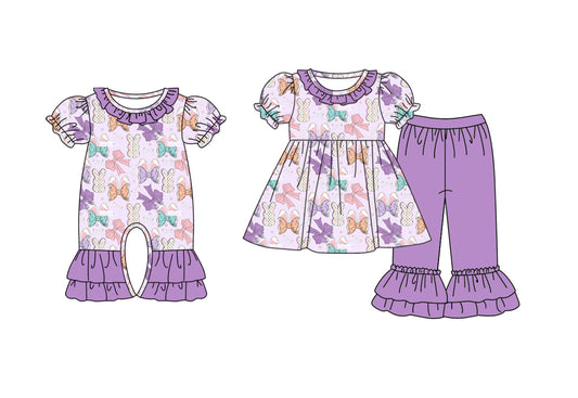 ( Moq 5 Each Style ) Girls Kids Short Sleeves Rabbits Bows Purple Easter Sibling Romper Set