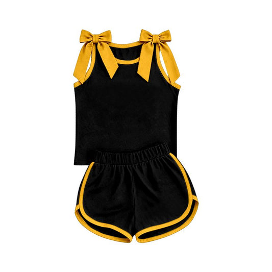 ( Moq 5 ) Preorder Baby Girls Kids Yellow Bows Shirt Shorts Black Set Summer Clothes