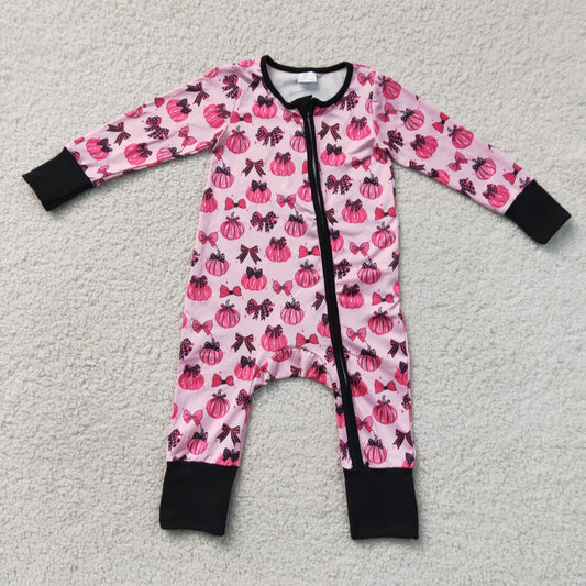 Baby Girls Infant Pumpkins Bows Zipper Footie Sleeper Romper Fall Clothes RTS