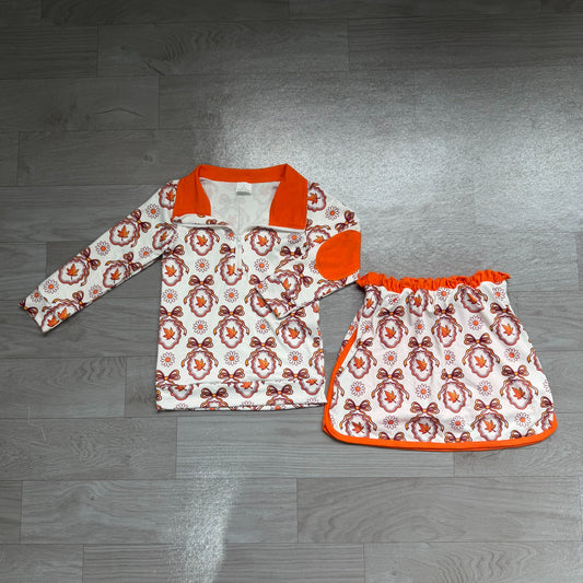 ( No moq ) Preorder Baby Girls Kids Flower Bows Leaves Zipper Shirt Skirt Shorts Set Fall Clothes