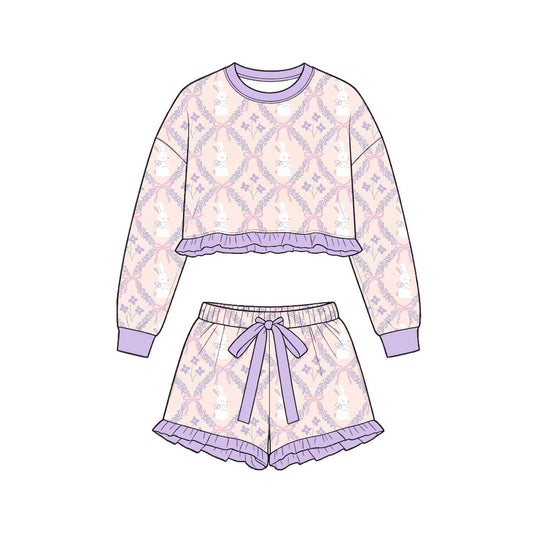 ( Moq 5 ) Preorder Baby Girls Kids Long Sleeves Rabbits Bows Flower Easter Shirt Shorts Set Clothes