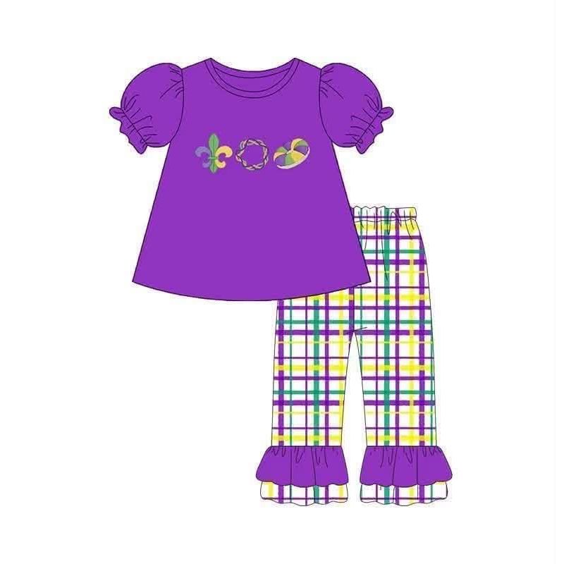 ( Moq 5 ) Preorder Baby Girls Kids Short Sleeves Purple Tops Plaid Pants Mardi Gras Set Clothes