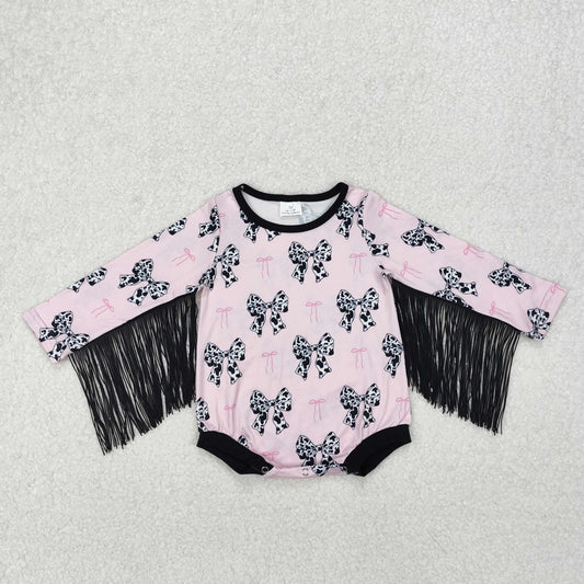 Baby Girl Infant Long Sleeves Cow Bows Western Tassel Pink Romper RTS