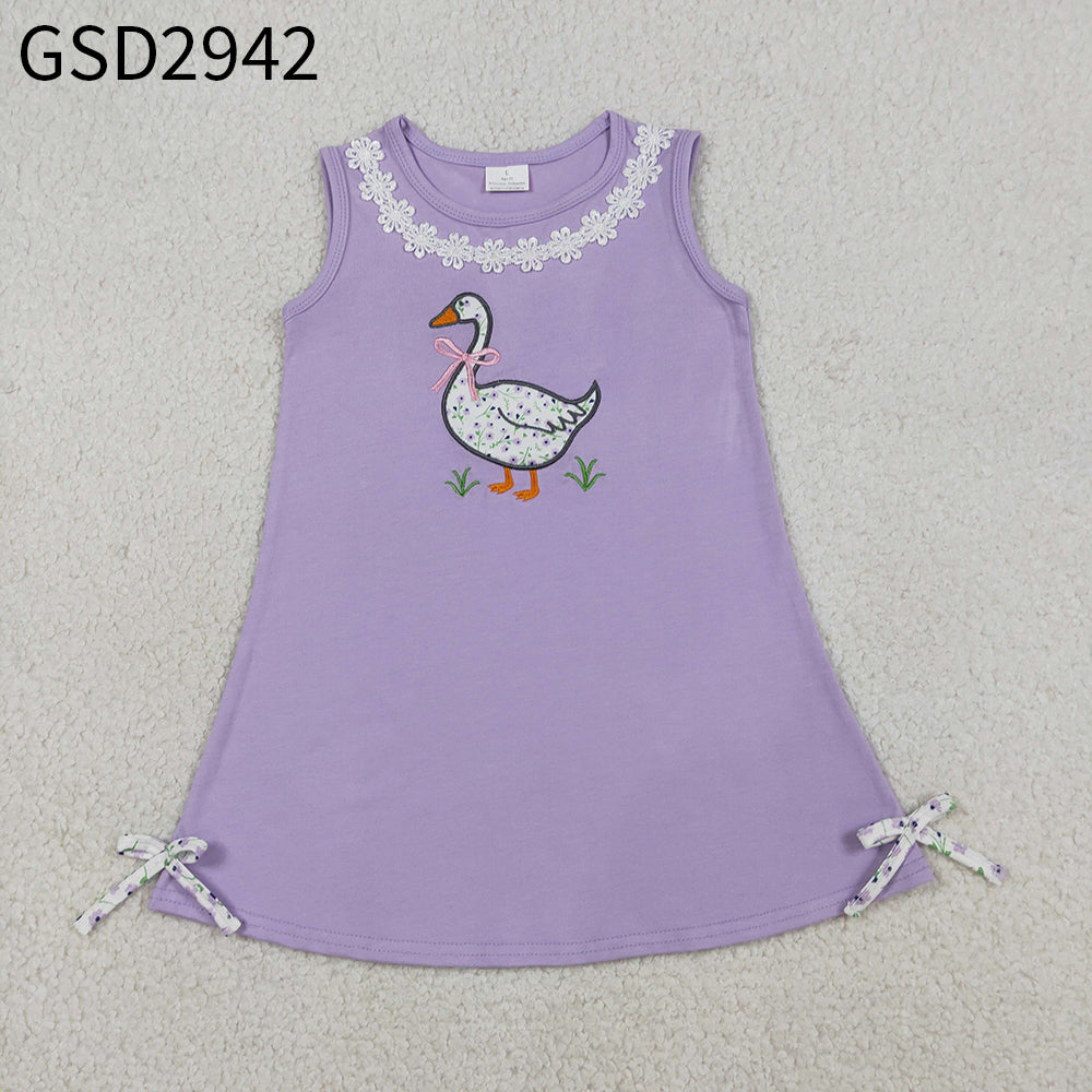 Baby Girls Sleeveless Embroidery Floral Duck Bows Purple Knee Length Dress RTS