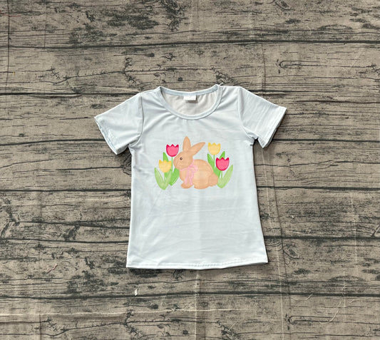 ( No moq ) Preorder Baby Girls Short Sleeves Flower Rabbit Easter Blue Shirt Tops