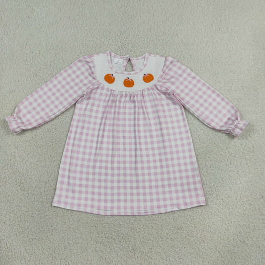Baby Girls Kids Embroidery Pumpkins Bows Plaid Knee Length Dress Fall Clothes RTS