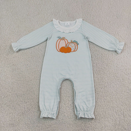 Baby Girl Kids Long Sleeves Embroidery Pumpkins Green Stripes Fall Romper Clothes RTS