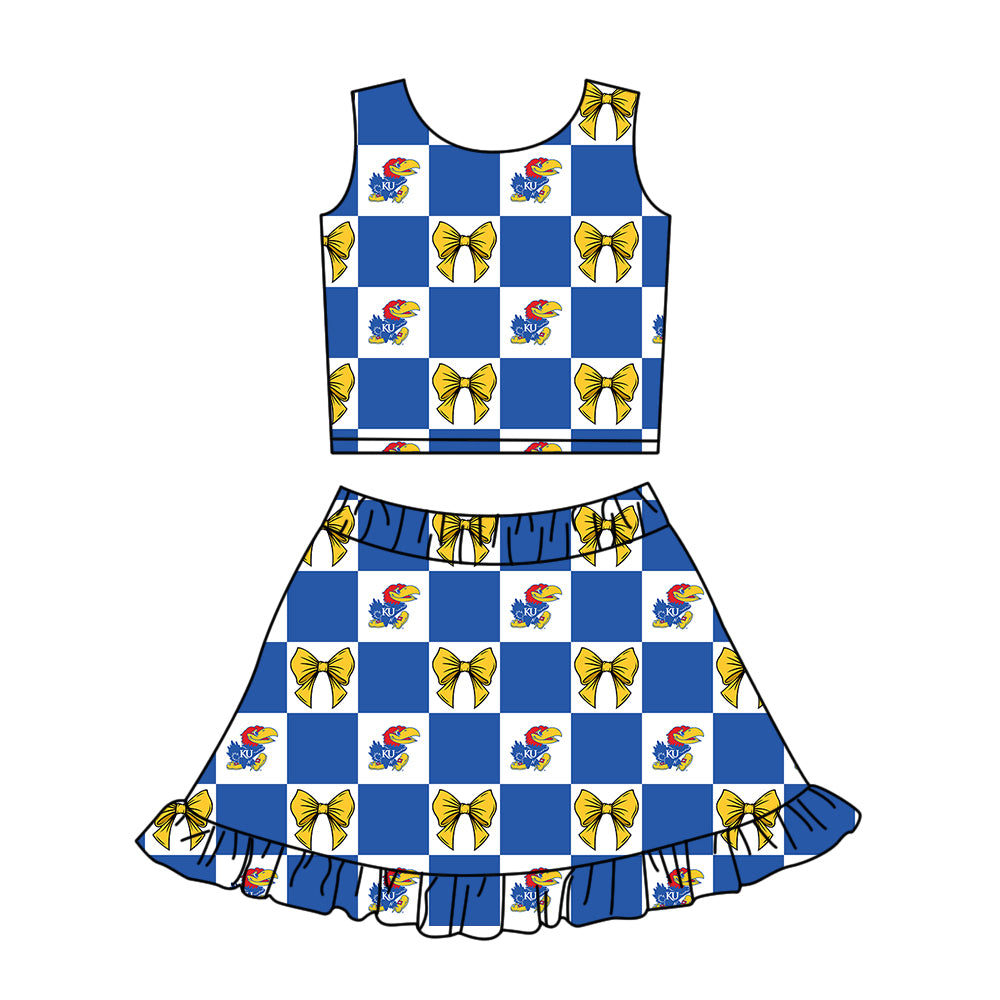 ( Moq 5 ) Baby Girls Kids Toddler Bows Blue Checked Tops Shorts Ruffle Skirt Team Set