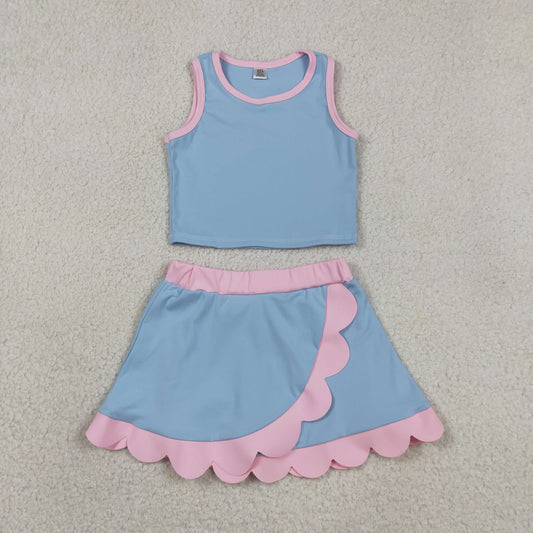Baby Girls Kids Blue Tops Scallop Skirt Shorts Yoga Active Set Summer Clothes RTS