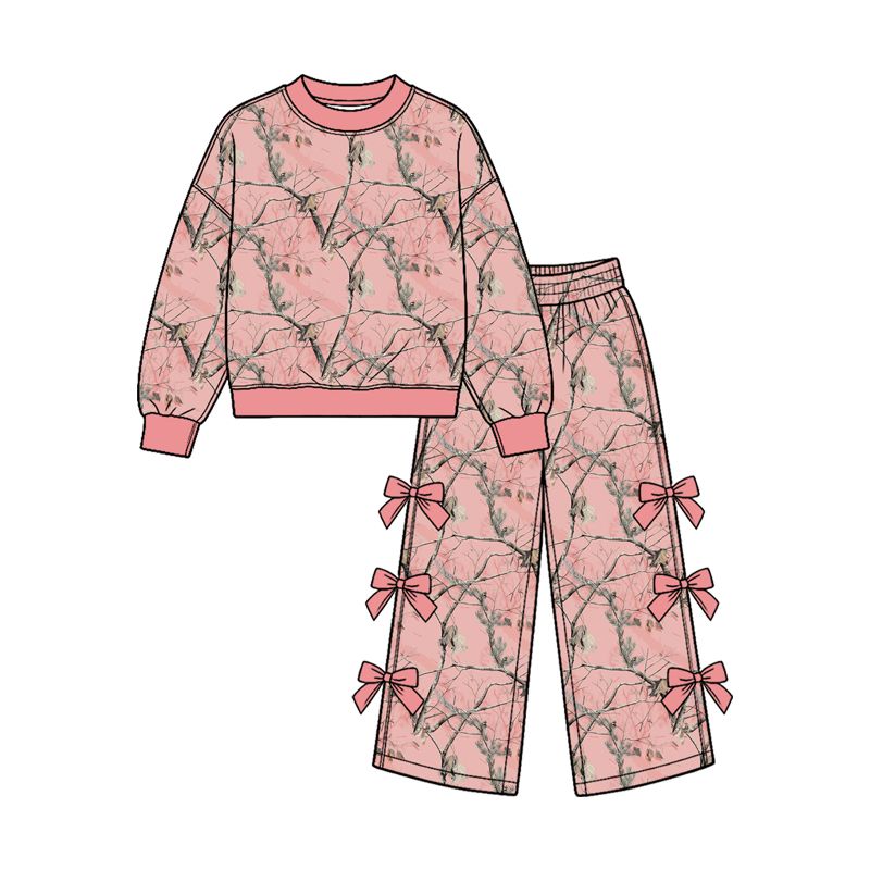 ( Moq 5 ) Preorder Baby Girls Kids Long Sleeves Leaves Shirt Bows Pants Set Clothes