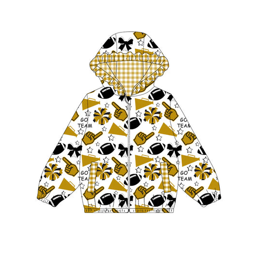 ( Moq 5 ) Baby Girls Kids Bows Cheer Pockets Plaid Ruffle Hoodie Zipper Football Jacket Tops