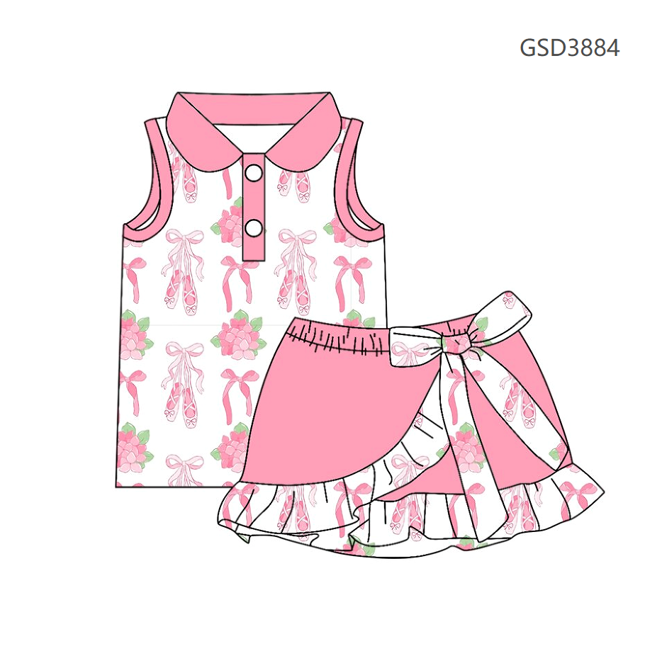 ( Moq 5 ) Preorder Baby Girls Kids Bows Shoes Flower Buttons Tops Ruffle Skirt Shorts Pink Set Clothes