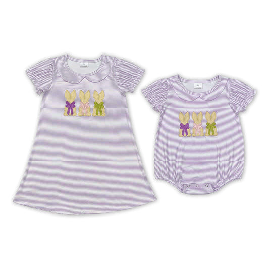 Baby Girl Short Sleeves Easter Embroidery Rabbit Stripes Sibling Sister Dress Romper