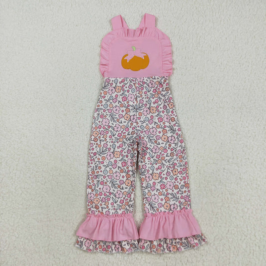 Baby Girl Pink Sleeveless Embroidery Pumpkin Bow Flower Fall Jumpsuit RTS