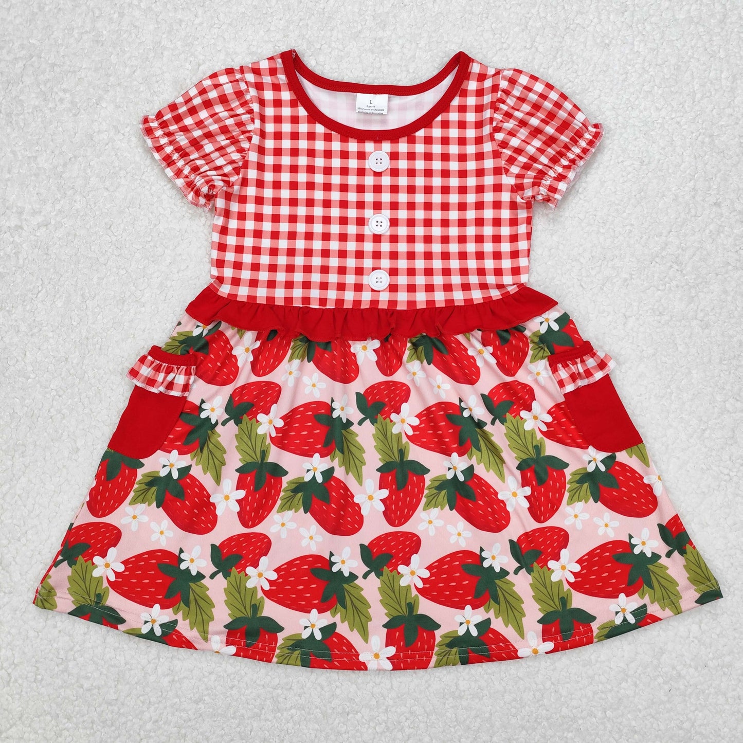Baby Girl Short Sleeves Red Plaid Strawberry Knee Length Pocket Dress RTS