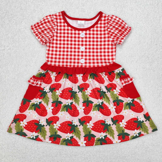 Baby Girl Short Sleeves Red Plaid Strawberry Knee Length Pocket Dress