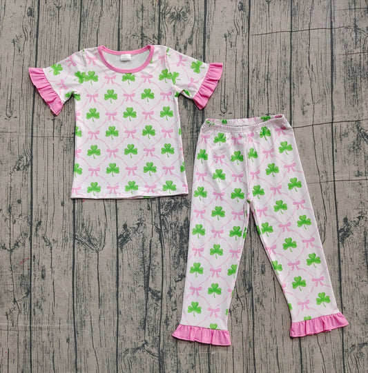 ( No moq ) Preorder Baby Girl Short Sleeves St Patrick Pink Bows Shirt Pants Pajamas Clothes Set