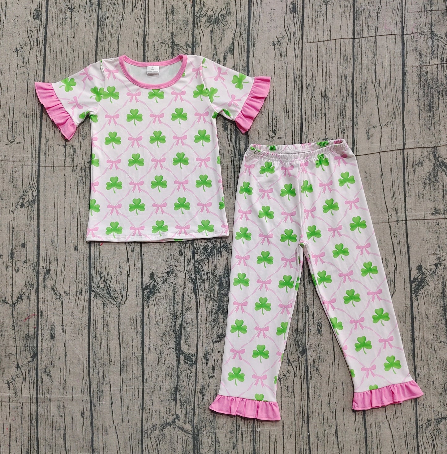 Baby Girl Short Sleeves St Patrick Pink Bows Shirt Pants Pajamas Clothes Set RTS