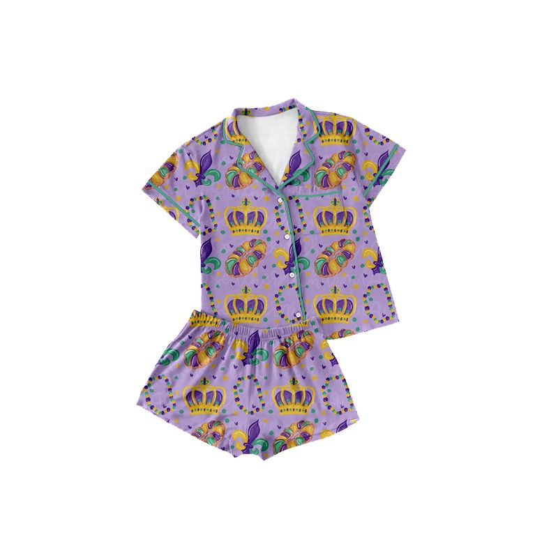 ( Moq 5 ) Preorder Baby Girls Kids Flower Donuts Buttons Shirt Shorts Set Pajamas Mardi Gras Clothes