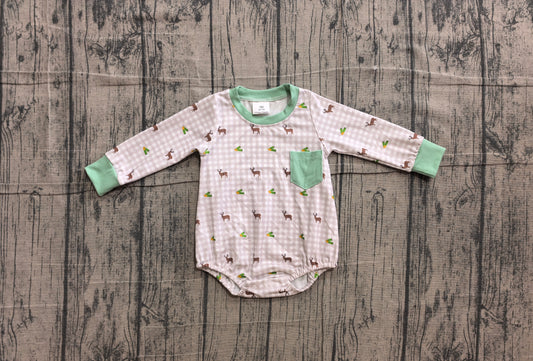 ( No moq ) Preorder Baby Boys Infant Long Sleeves Embroidery Deer Plaid Pocket Romper Clothes