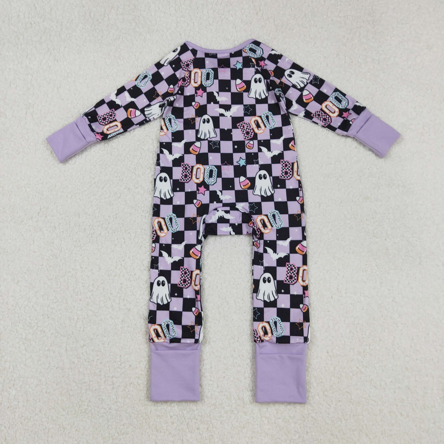 Baby Girl Long Sleeves Ghost Candy Plaid Halloween Purple Zipper Romper RTS