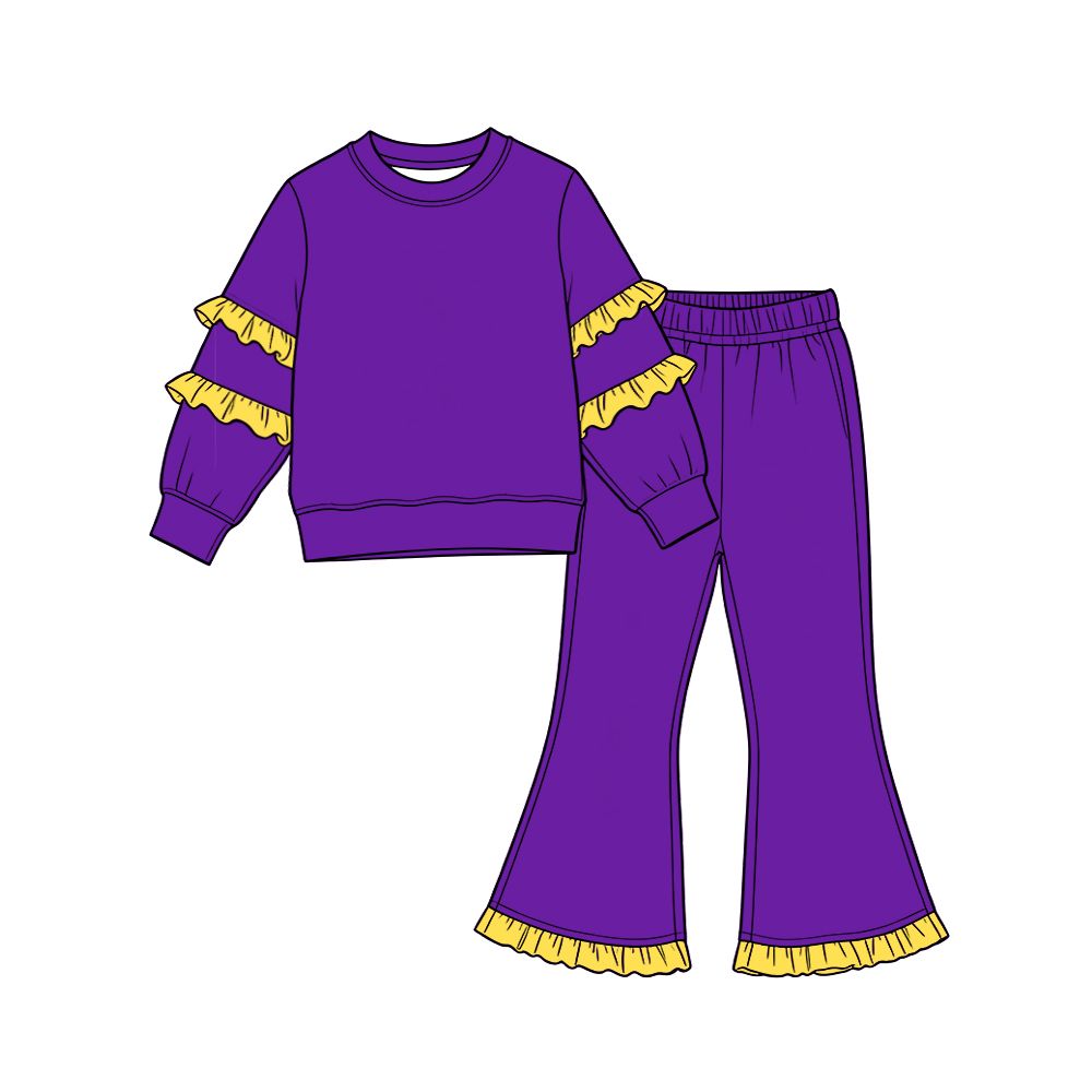 ( Moq 5 ) Preorder Baby Girls Kids Yellow Ruffle Long Sleeves Shirt Pockets Pants Cotton Set Purple Clothes