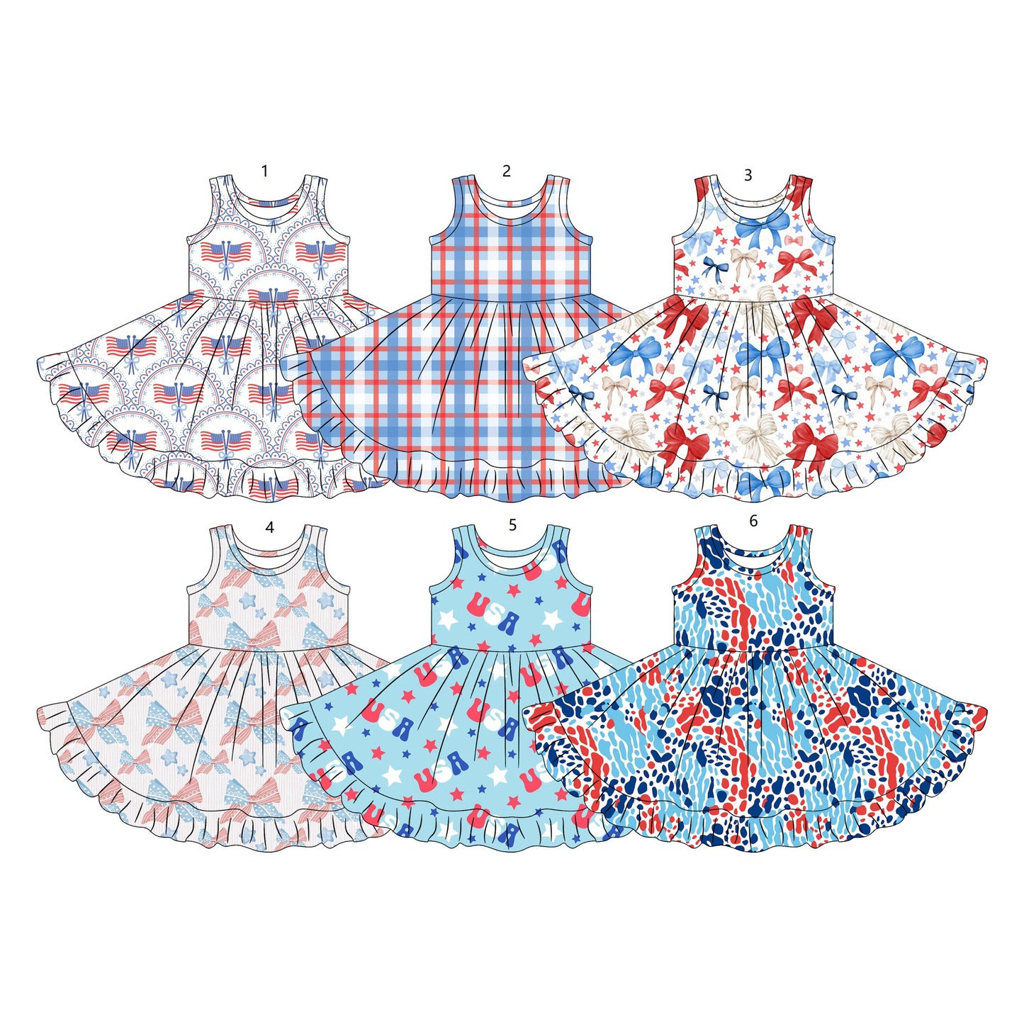 ( Moq 5 Each Style ) Sibling Baby Girls Kids Sleeveless 4th of July Knee Length Dresses