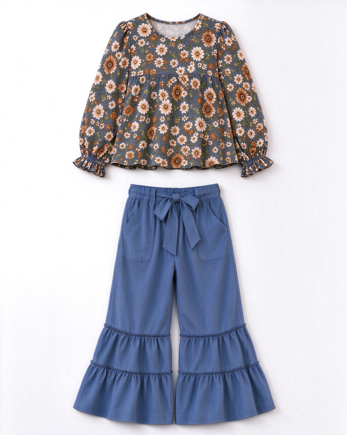 ( Moq 5 ) Preorder Baby Girls Kids Long Sleeves Flower Tunic Pockets Pants Set Clothes