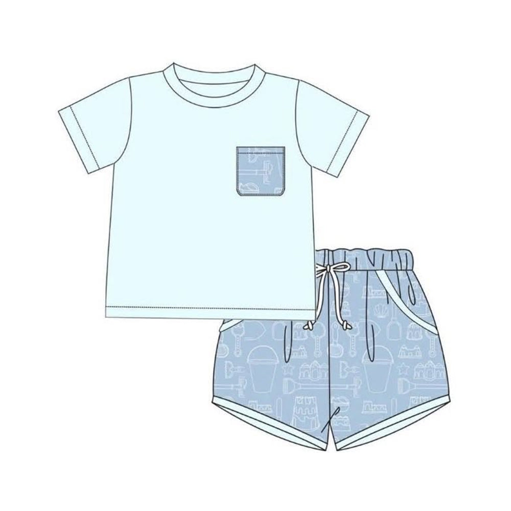 ( Moq 5 ) Preorder Baby Boys Kids Short Sleeves Blue Shirt Beach Pockets Shorts Set Clothes