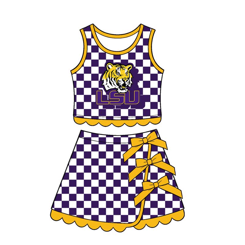 ( Moq 5 ) Preorder Baby Girls Kids Tiger Checked Shirt Scallop Bows Skirt Shorts Team Set Yoga Active Clothes