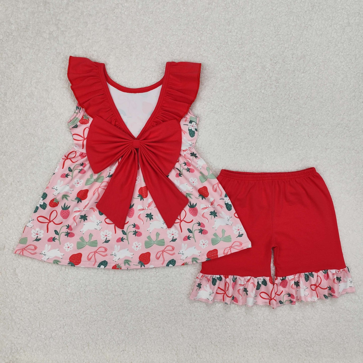 Baby Girl Easter Strawberry Rabbits Bows Tunic Ruffle Shorts Clothes Set RTS