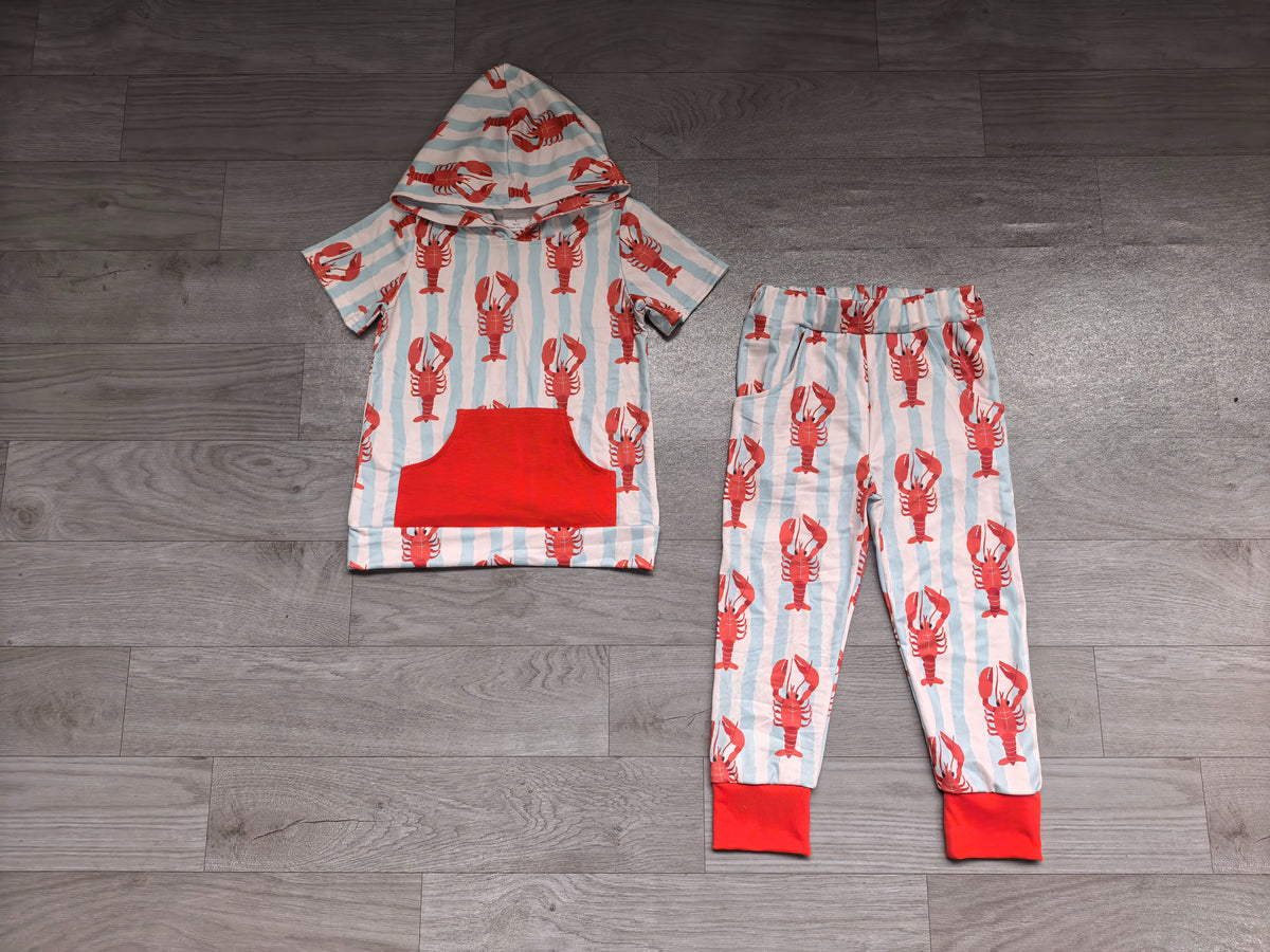 ( No moq ) Preorder Baby Boys Kids Crayfish Stripes Hoodie Shirt Pockets Pants Set Clothes
