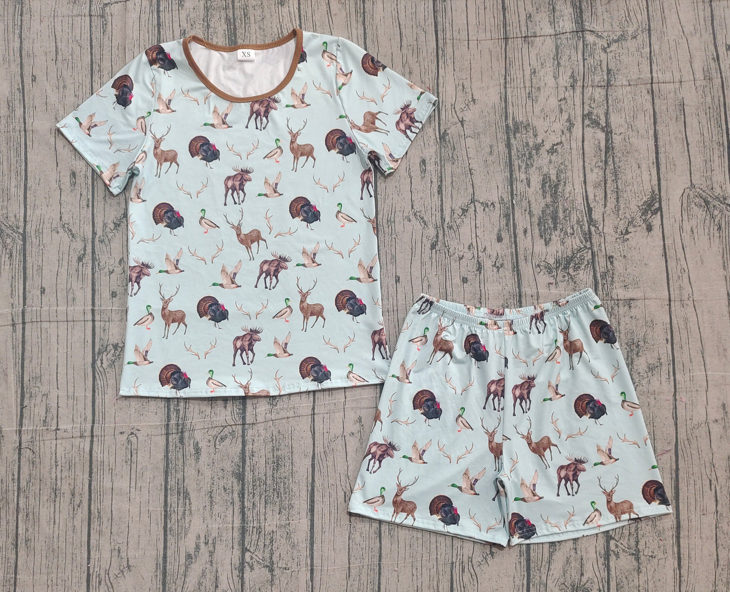 Adult Man Short Sleeves Deer Ducks turkey Shirt Shorts Hunting Pajamas Set RTS