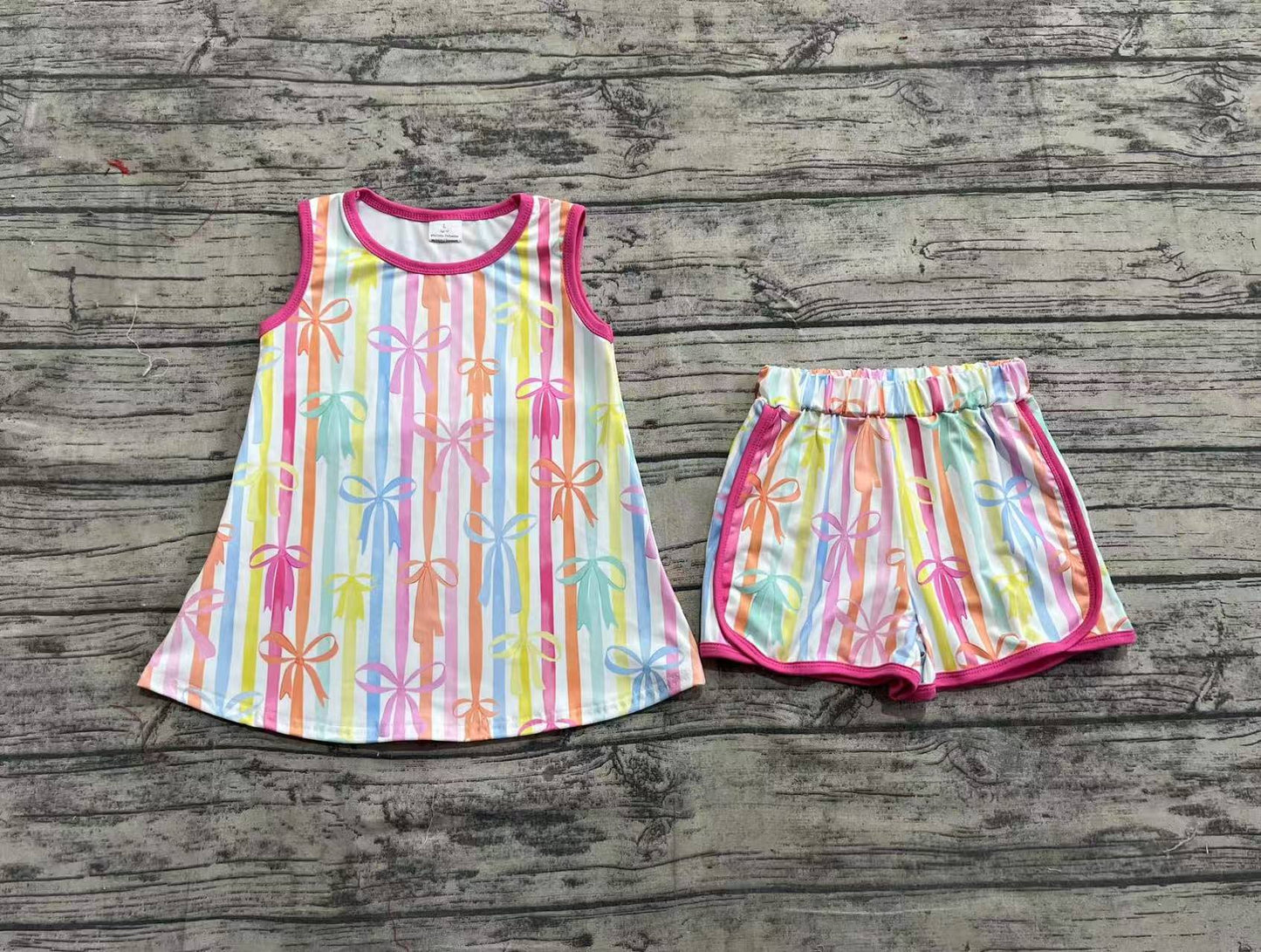 Baby Girl Sleeveless Colorful Stripes Bows Shirt Shorts Set RTS