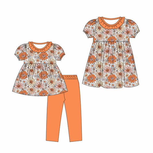 ( Moq 5 Each Style ) Sibling Baby Girls Kids Short Sleeves Pumpkins Flower Dress Set Halloween Clothes