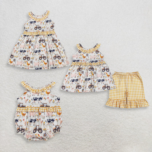 Sibling Baby Girls Kids Farm Animals Tractors Tops Shorts Set Dress Romper Summer Clothes RTS