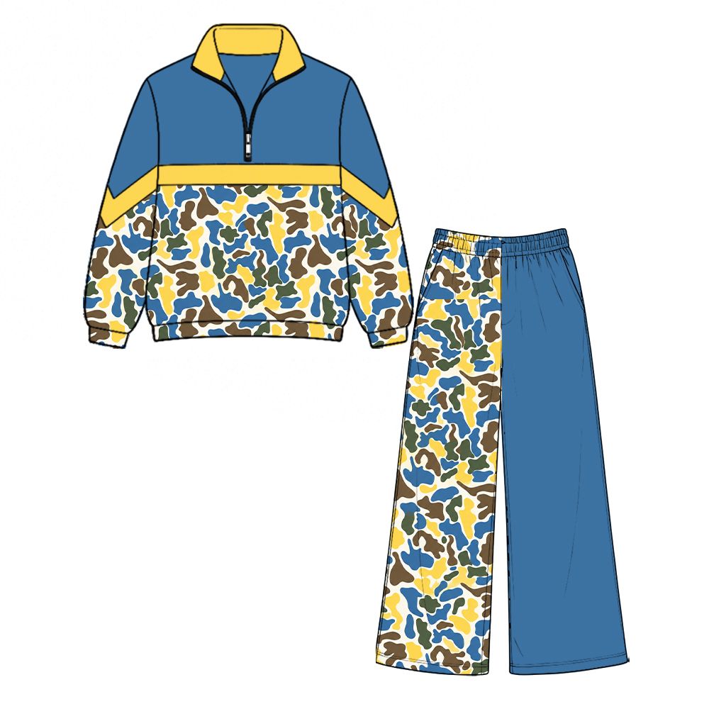 ( Moq 5 ) Preorder Baby Girls Kids Long Sleeves Zipper Camo Shirt Pockets Pants Blue Set Clothes