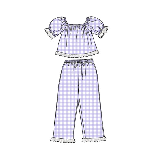 ( Moq 5 ) Preorder Baby Girls Kids Short Sleeves Purple Plaid Lace Tops Pants Clothes Set