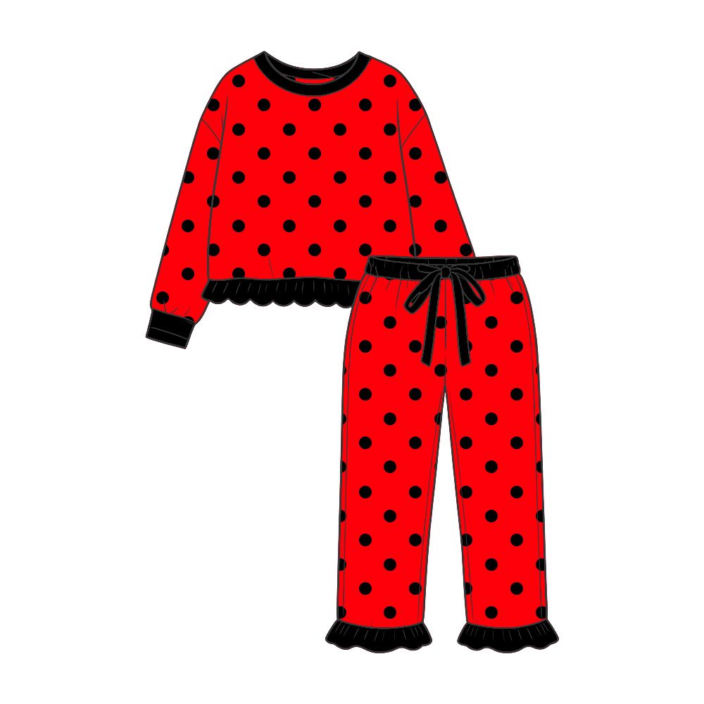 ( Moq 5 ) Preorder Baby Girls Kids Long Sleeves Black Dots Shirt Ruffle Pants Set Red Clothes