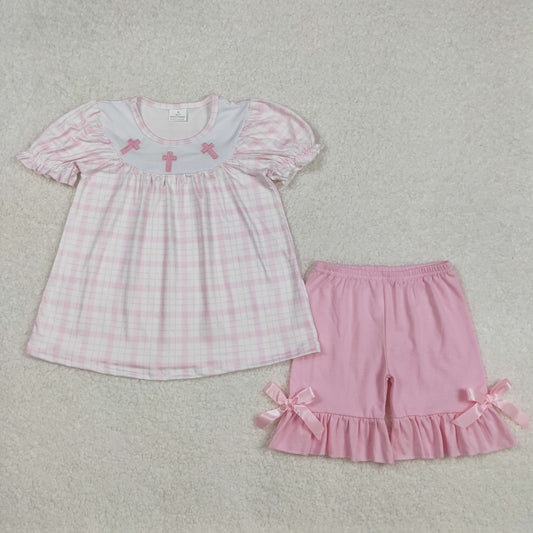 Baby Girl Short Sleeves Embroidery Easter Cross Plaid Tunic Ruffle Pink Shorts Clothes Set RTS