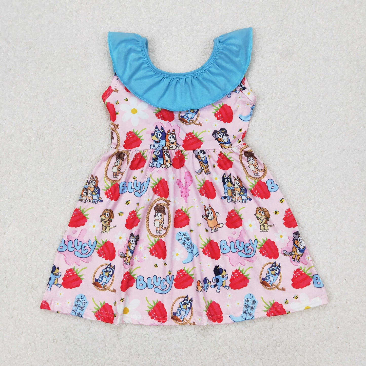 Baby Girl Dogs Strawberry Flower Cactus Blue Bow Knee Length Dress RTS