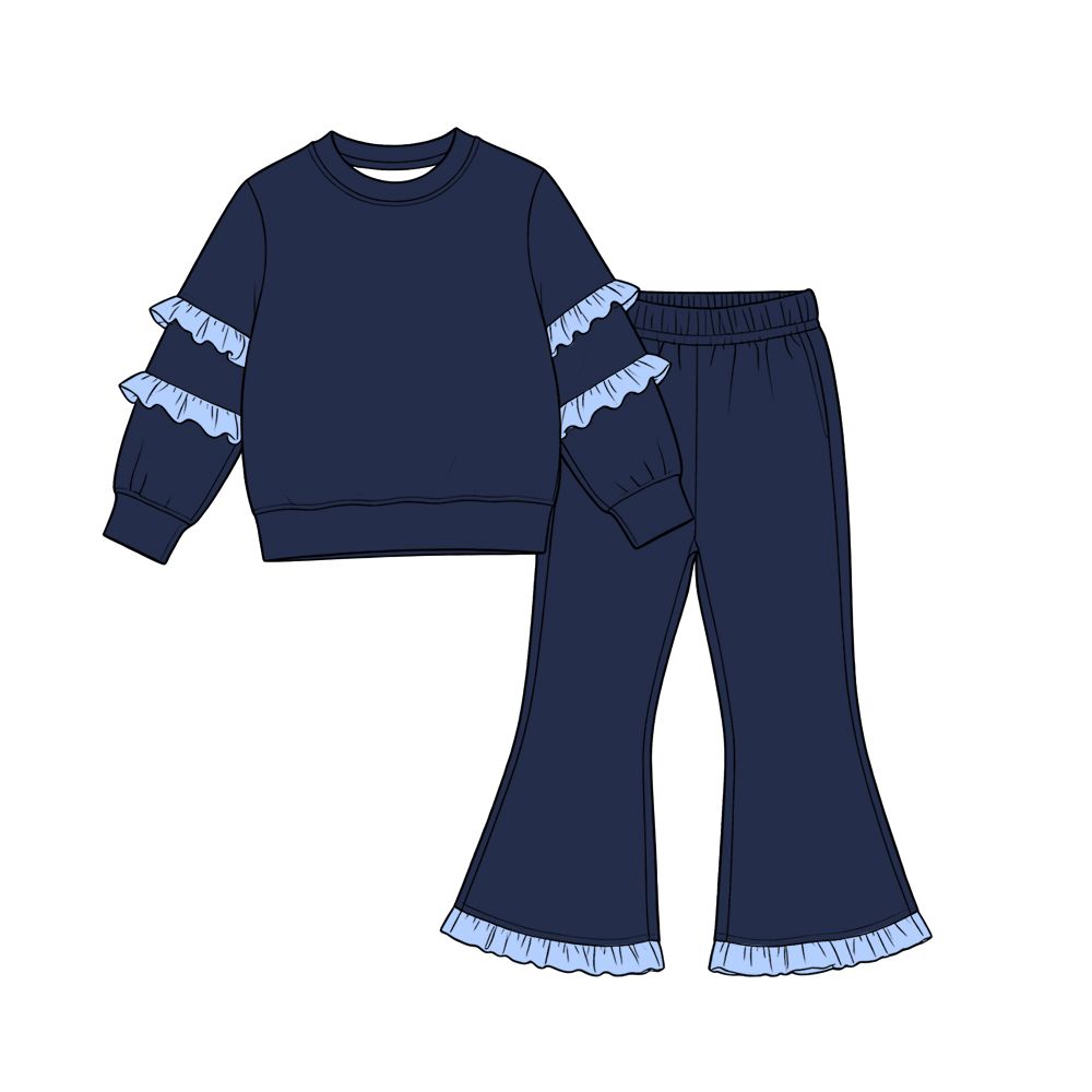 ( Moq 5 ) Preorder Baby Girls Kids Blue Ruffle Long Sleeves Shirt Bell Pants Navy Set Cotton Clothes
