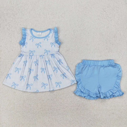 Baby Girl Sleeveless Blue Bows Tunic Ruffle Shorts Clothes Set RTS