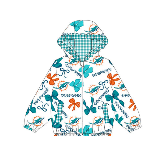 ( Moq 5 ) Baby Girls Kids Green Bows Cheer Pockets Plaid Hoodie Zipper Team Jacket Tops