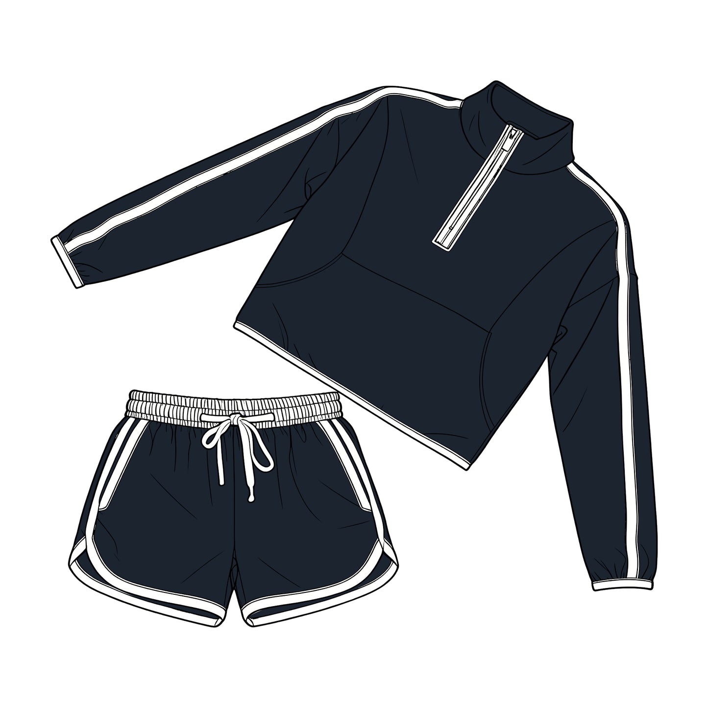( Moq 5 ) Preorder Adult Women Long Sleeves White Zipper Tops Shorts Navy Set Clothes