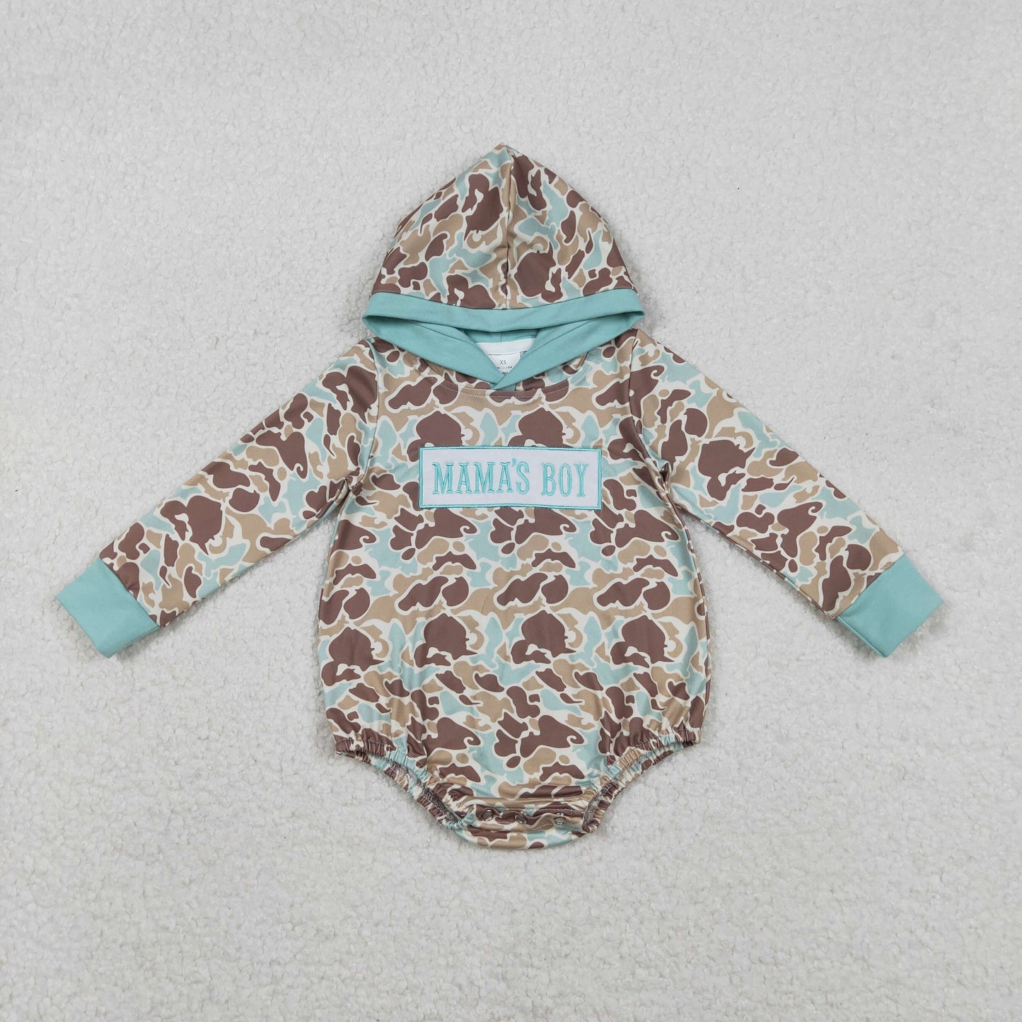 Baby Boys Embroidery Mama's Boy Green Hoodie Camo Bubble Romper RTS