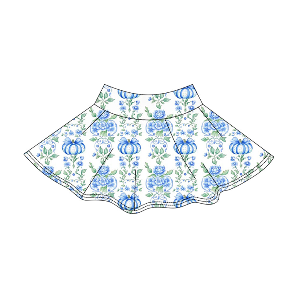 ( Moq 5 ) Preorder Baby Girls Kids Blue Pumpkins Bows Flower Skirt Shorts Bottoms Yoga Fall Clothes